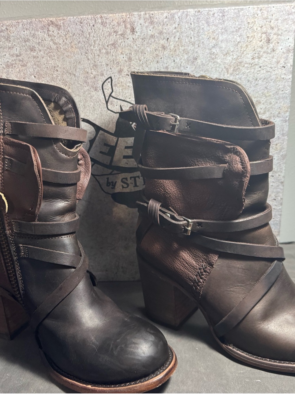 Freebird by Steven Dark Brown Leather Strap Heeled Ankle Boots